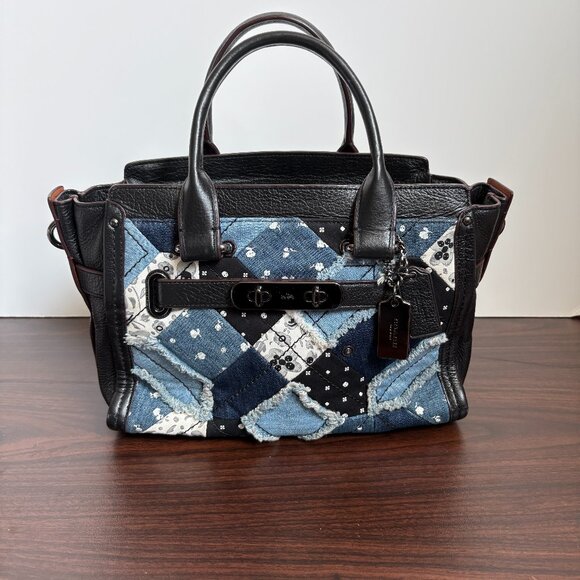 Coach Swagger Canyon Patchwork Quilted Denim Black Leather Zip Close Satchel - Picture 1 of 13